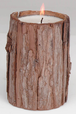 pine scented candle with wood bark covering